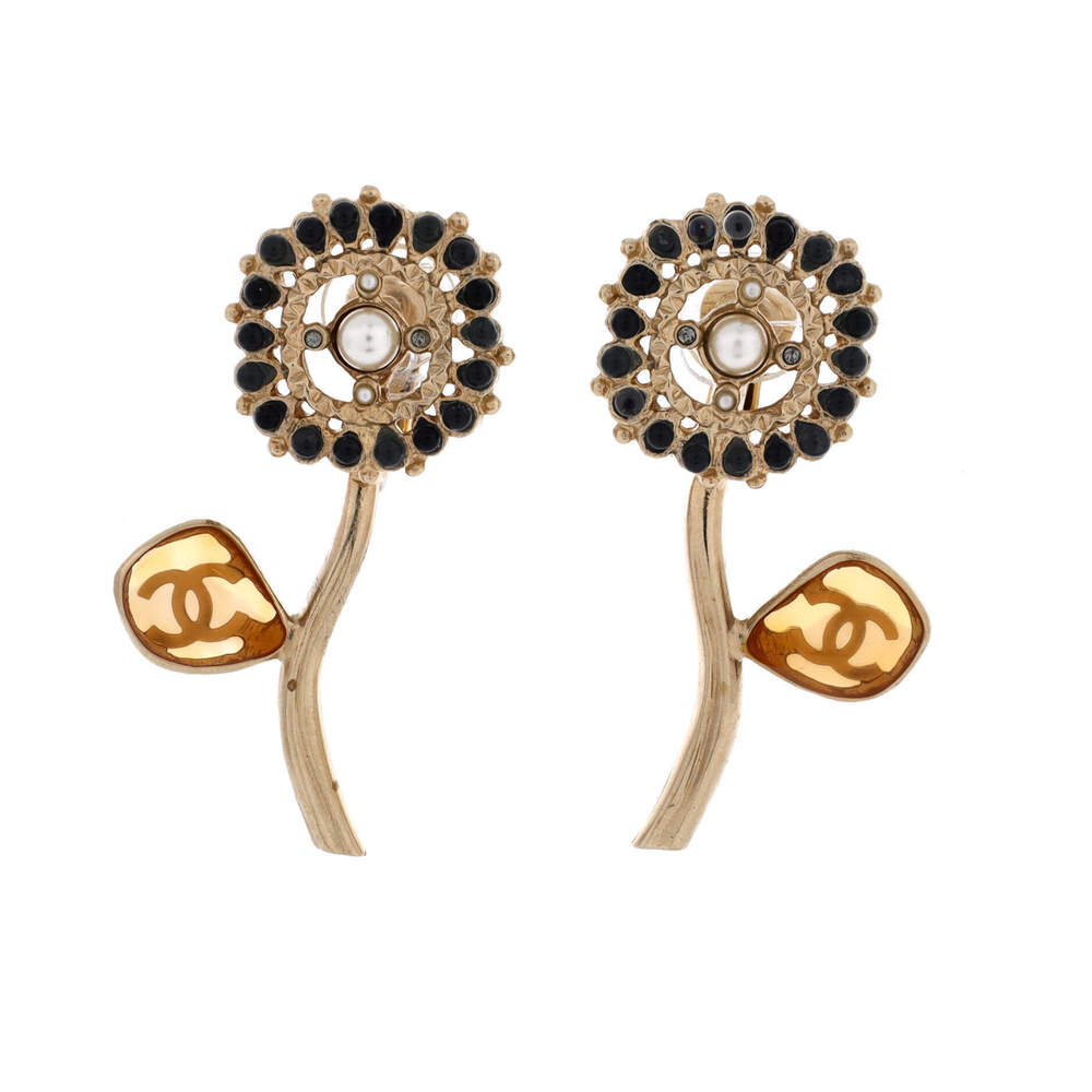 Chanel CC Flower Clip-On Earrings Metal with Faux Pearls, Crystals and Resin